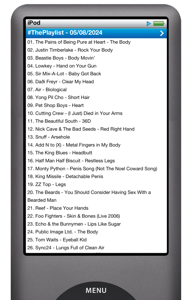 The tracks played on this episode, presented on the screen of a comically elongated iPod. 

The songs are:

01. The Pains of Being Pure at Heart - The Body
02. Justin Timberlake - Rock Your Body
03. Air - Biological
04. Beastie Boys - Body Movin’
05. Lowkey - Hand on Your Gun
06. Sir Mix‐A‐Lot - Baby Got Back
07. Daði Freyr - Clear My Head
08. Yong Pil Cho - Short Hair
09. Pet Shop Boys - Heart
10. Cutting Crew - (I Just) Died in Your Arms
11. The Beautiful South - 36D
12. Nick Cave & The Bad Seeds - Red Right Hand
13. Snuff - Arsehole
14. Add N to (X) - Metal Fingers in My Body
15. The King Blues - Headbutt
16. Half Man Half Biscuit - Restless Legs
17. Monty Python - Penis Song (Not The Noel Coward Song)
18. King Missile - Detachable Penis
19. ZZ Top - Legs
20. The Beards - You Should Consider Having Sex With a Bearded Man
21. Reef - Place Your Hands
22. Foo Fighters - Skin & Bones (Live 2006)
23. Echo & the Bunnymen - Lips Like Sugar
24. Public Image Ltd. - The Body
25. Tom Waits - Eyeball Kid
26. Sync24 - Lungs Full of Clean Air