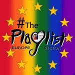 Artwork for this week's show. It features a rainbow background, a circle of stars like the EU flag. The name of the show is styled to look like the Eurovision logo.