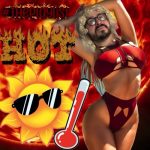 Artwork for this week's radio show, featuring me as an incredibly sexy, shapely lady with all boobs and that, in a skimpy bikini. There's a sun wearing sunglasses and a thermometer that's about to pop.