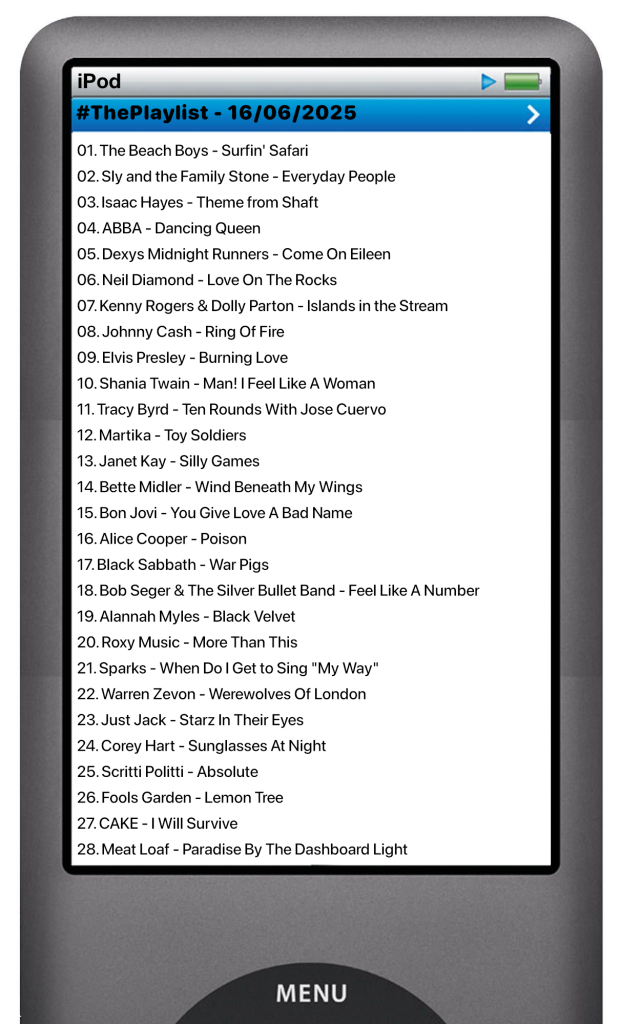 The tracks played on this episode, presented on the screen of a comically elongated iPod. 

The songs are:

01. The Beach Boys - Surfin' Safari
02. Sly and the Family Stone - Everyday People
03. Isaac Hayes - Theme from Shaft
04. ABBA - Dancing Queen
05. Dexys Midnight Runners - Come On Eileen
06. Neil Diamond - Love On The Rocks
07. Kenny Rogers & Dolly Parton - Islands in the Stream
08. Johnny Cash - Ring Of Fire
09. Elvis Presley - Burning Love
10. Shania Twain - Man! I Feel Like A Woman
11. Tracy Byrd - Ten Rounds With Jose Cuervo
12. Martika - Toy Soldiers
13. Janet Kay - Silly Games
14. Bette Midler - Wind Beneath My Wings
15. Bon Jovi - You Give Love A Bad Name
16. Alice Cooper - Poison
17. Black Sabbath - War Pigs
18. Bob Seger & The Silver Bullet Band - Feel Like A Number
19. Alannah Myles - Black Velvet
20. Roxy Music - More Than This
21. Sparks - When Do I Get to Sing "My Way"
22. Warren Zevon - Werewolves Of London
23. Just Jack - Starz In Their Eyes
24. Corey Hart - Sunglasses At Night
25. Scritti Politti - Absolute
26. Fools Garden - Lemon Tree
27. CAKE - I Will Survive
28. Meat Loaf - Paradise By The Dashboard Light