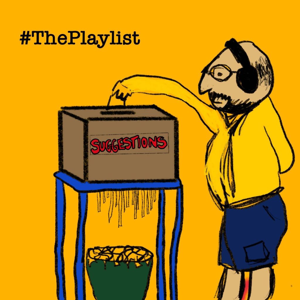 The artwork for this week's radio show.

It is a cartoon drawing of me, dressed in a fetching yellow shirt, feeding suggestions into a shredder.