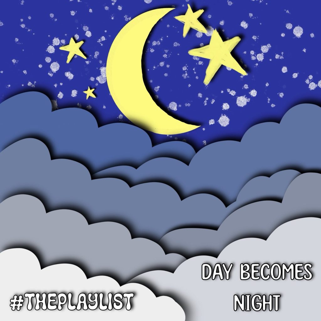 The artwork for this week's edition of #ThePlaylist. It features a drawing of a crescent moon with twinkling stars, with layers of clouds, all designed to look like they're made from felt.