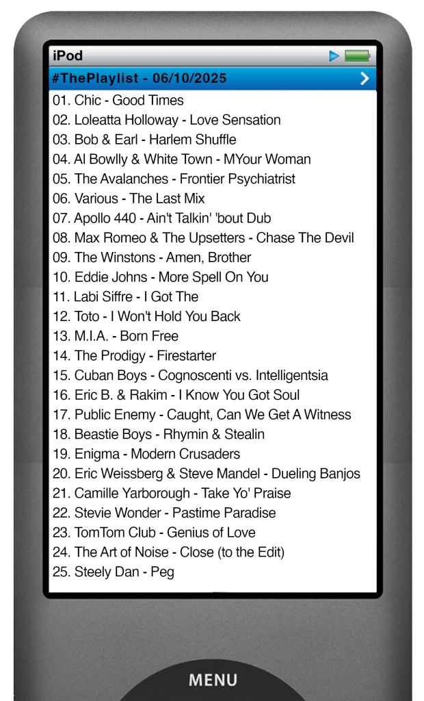 The tracks played on this episode, presented on the screen of a comically elongated iPod The songs are: 01. Chic - Good Times 02. Loleatta Holloway - Love Sensation 03. Bob & Earl - Harlem Shuffle 04. Al Bowlly & White Town - MYour Woman 05. The Avalanches - Frontier Psychiatrist 06. Various - The Last Mix 07. Apollo 440 - Ain't Talkin' 'bout Dub 08. Max Romeo & The Upsetters - Chase The Devil 09. The Winstons - Amen, Brother 10. Eddie Johns - More Spell On You 11. Labi Siffre - I Got The 12. Toto - I Won't Hold You Back 13. M.I.A. - Born Free 14. The Prodigy - Firestarter 15. Cuban Boys - Cognoscenti vs. Intelligentsia 16. Eric B. & Rakim - I Know You Got Soul 17. Public Enemy - Caught, Can We Get A Witness 18. Beastie Boys - Rhymin & Stealin 19. Enigma - Modern Crusaders 20. Eric Weissberg & Steve Mandel - Dueling Banjos 21. Camille Yarborough - Take Yo' Praise 22. Stevie Wonder - Pastime Paradise 23. TomTom Club - Genius of Love 24. The Art of Noise - Close (to the Edit) 25. Steely Dan - Peg