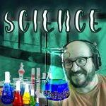 #ThePlaylist Artwork for this week's edition of #ThePlaylist, in which Troggie has used a photo of me looking quite mad, staring at a flask of blue liquid that "#ThePlaylist" written on it. On the bench are more flasks with different genres written on them. Behind me are indistinct creatures in tanks.