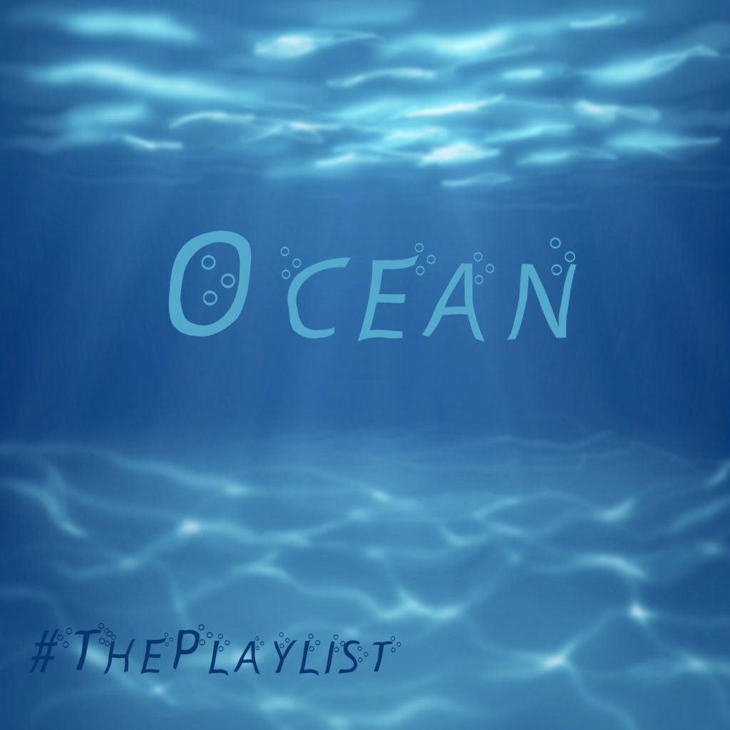 Artwork for this week's episode of #ThePlaylist.
Drawn by Troggie, it's a digital painting of under the sea. Shafts of light are dappled on the sea bed, coming down through the waves below. In the middle is the word "Ocean" with bubbles coming from it.