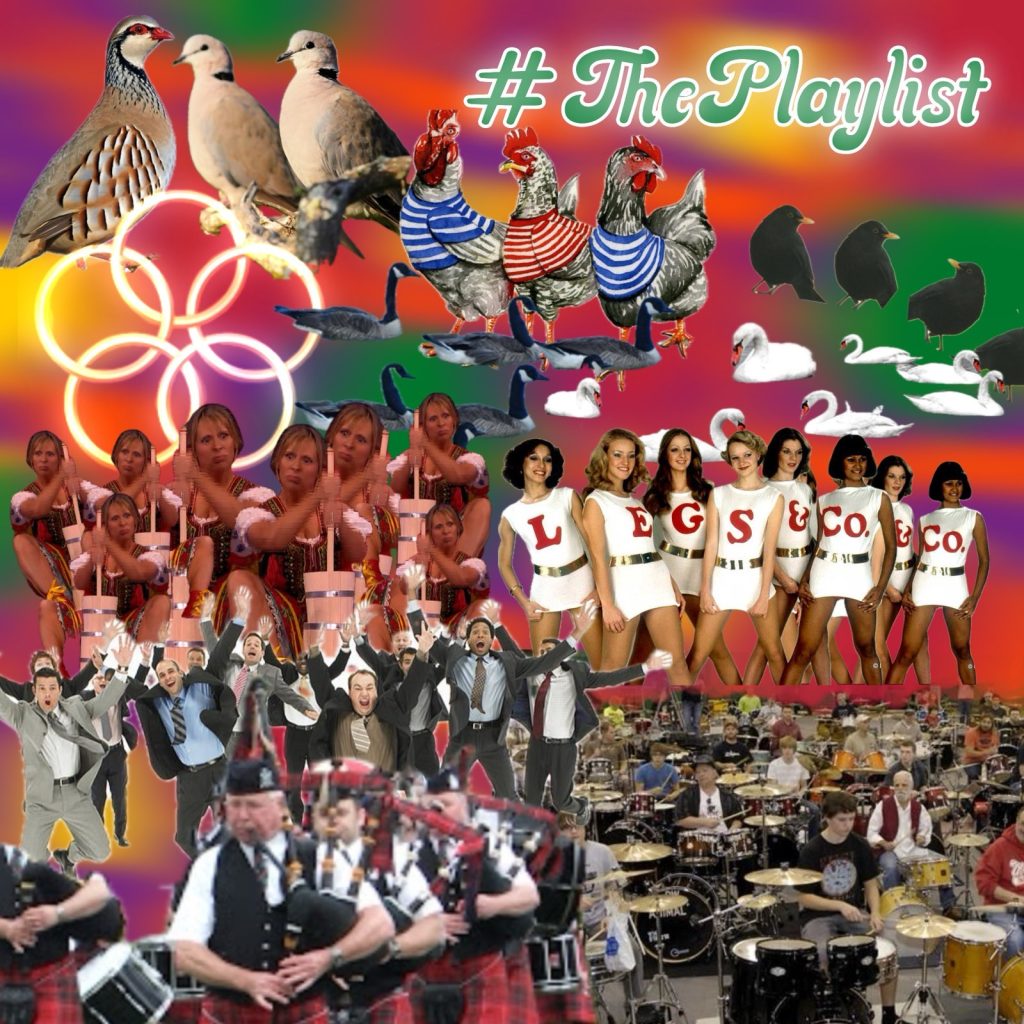 An image depicting the 12 days of Christmas. 
There is:
1 partridge
2 turtle doves
3 hens in striped jumpers and French berets
4 blackbirds
5 gold rings
6 geese
7 swans
8 copies of the same image of Mel Giedroyc mimicking the Polish milk maids from Eurovision.
Legs & co dance troupe from Top of the Pops with an extra copy of two of them so there are 9 and their shirts say “LEGS & Co & Co”.
10 posh twats in suits jumping in the air. 
A stream of Scottish pipers. 
A LOT of drummers on many kits trying to break some world record.