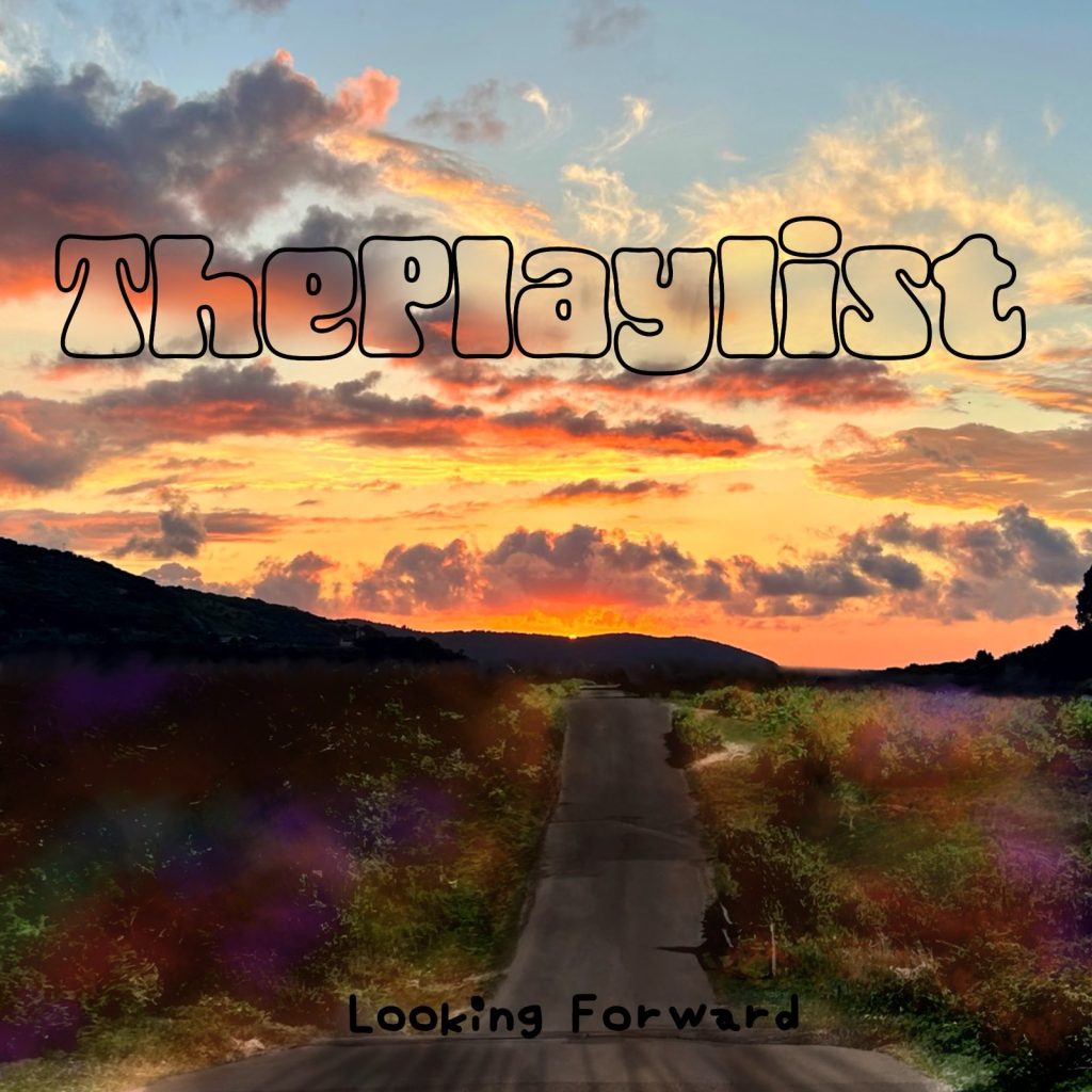 Lovely artwork created by @Troggie@beige.party It shows a road in the New Forest stretching towards the horizon. There's a beautiful sunset studded with fluffy clouds, over which reads "ThePlaylist" in a fat,opaque font. At the bottom, on the road, it says "Looking Forward" in a black font, with a shadow stretching towards the camera.