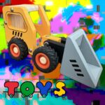 This week's artwork for #ThePlaylist. It's a photo of a toy digger on a bright, multi-coloured backdrop. Beneath it, the word 'TOYS' in a fun, colourful, rounded font.
