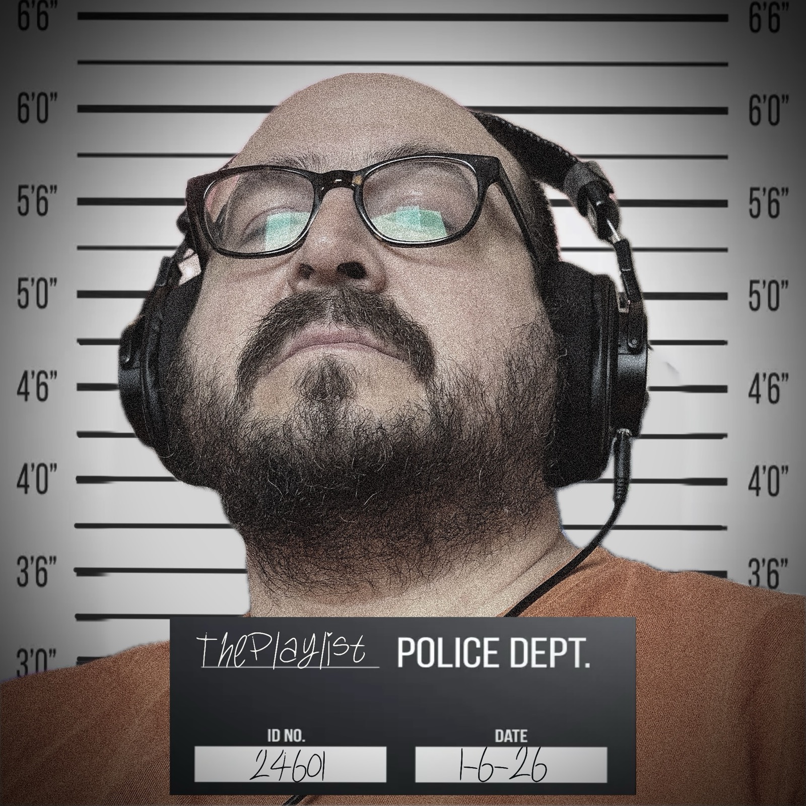 This week's theme-specific artwork, in which I, a mediocre bearded white man with Good Headphones and hipster glasses, have my mugshot taken. I look proud of my crimes, as, indeed, I am. But what are my crimes? Well, it's up to you to find out.