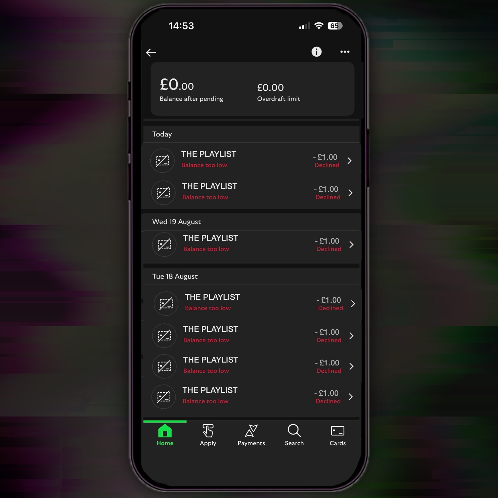 ﻿﻿This week's theme specific artwork, courtesy of @Troggie@beige.party. It's a banking app on a phone, showing an empty account, £0 on the overdraft, and a bunch of failed payments to #ThePlaylist for £1. The owner of that phone is no longer allowed to listen to the show. Povvo.