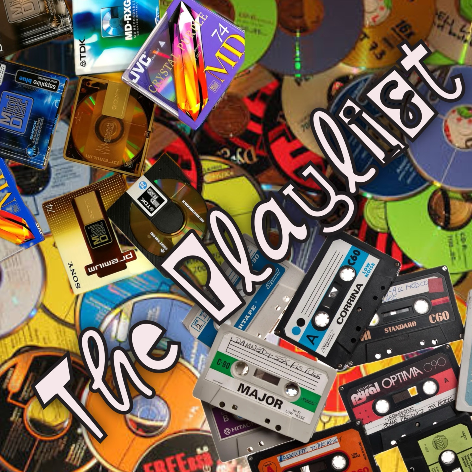 This week's theme specific artwork, courtesy of Troggie. It's a jumbled pile of CDs, MiniDiscs, and cassettes, all brightly coloured. Over them is written "ThePlaylisst"